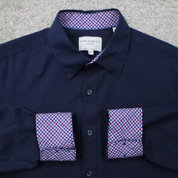 Construct Flip Cuff Shirt Men Medium Blue/Red Slim Fit 4 Way Stretch Long Sleeve - Picture 1 of 14